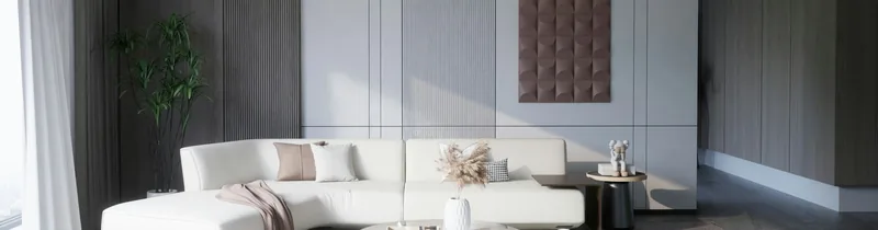 Sala de estar minimalista com sofá branco e luz natural